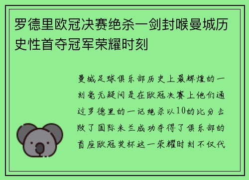罗德里欧冠决赛绝杀一剑封喉曼城历史性首夺冠军荣耀时刻